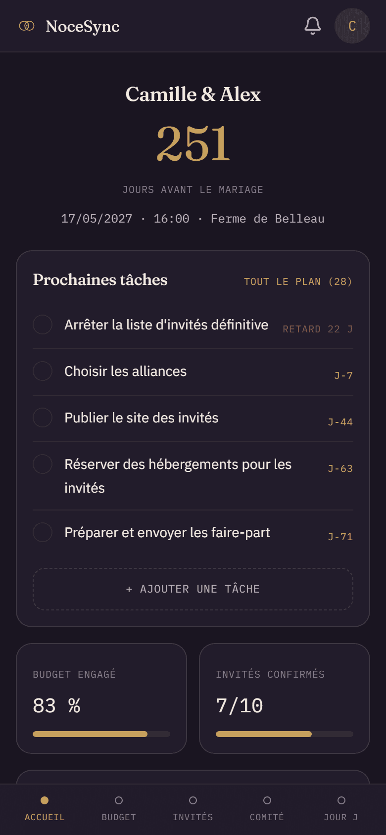 Écran d'accueil de NoceSync : compte à rebours avant le mariage, prochaines tâches du rétroplanning et résumé du budget.