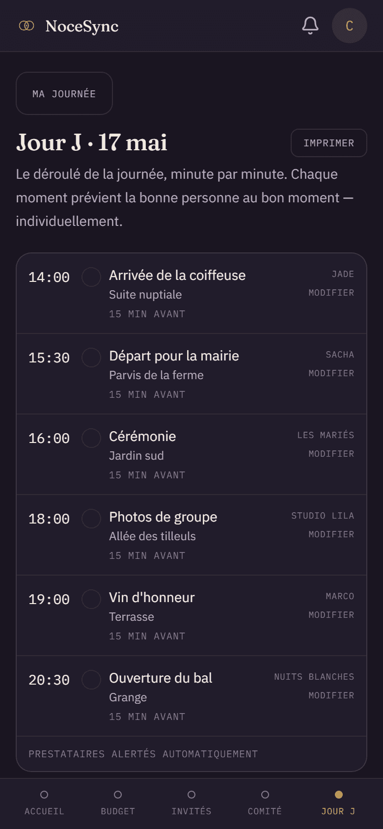 Écran Jour J de NoceSync : conducteur horaire de la journée avec le destinataire de chaque moment.